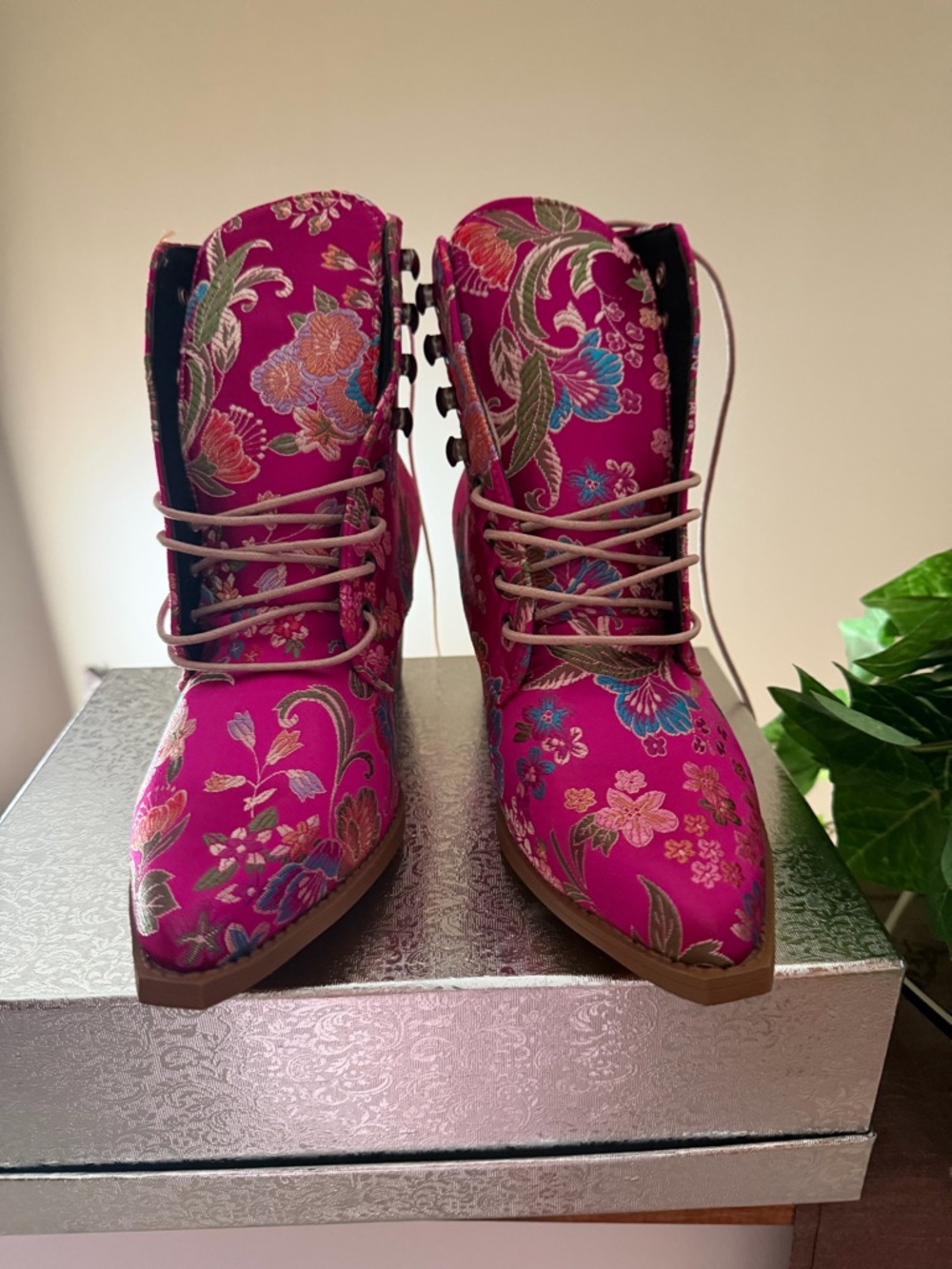Floral Jacquard Lace-Up Ankle Boots in Fuchsia